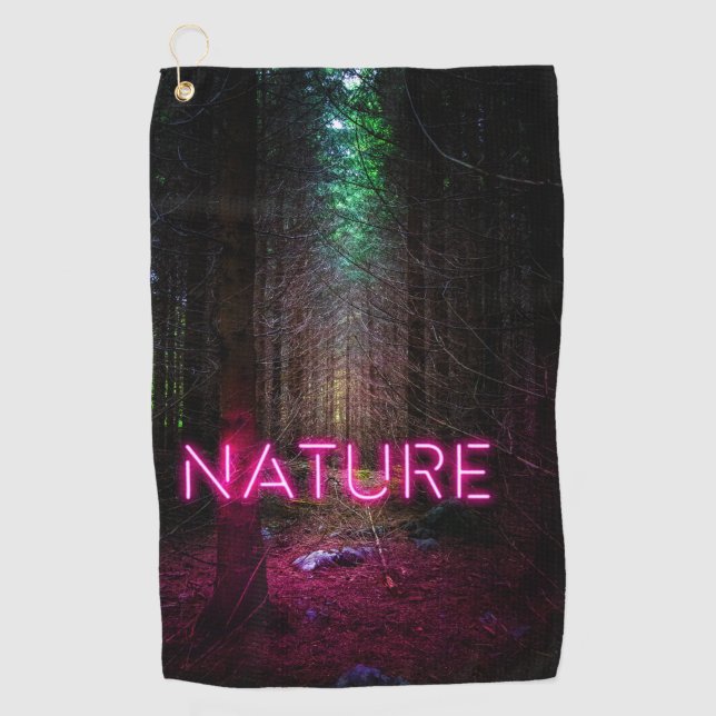 Mysterious spruce forest nature neon magenta sign golf towel (Front)
