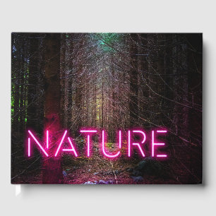 Mysterious spruce forest nature neon magenta sign guest book