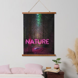 Mysterious spruce forest nature neon magenta sign hanging tapestry