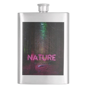 Mysterious spruce forest nature neon magenta sign hip flask