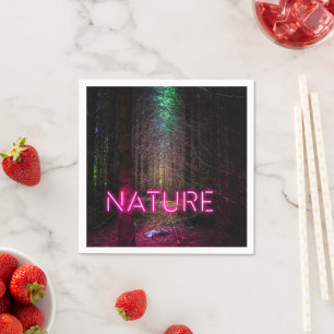 Mysterious spruce forest nature neon magenta sign napkin