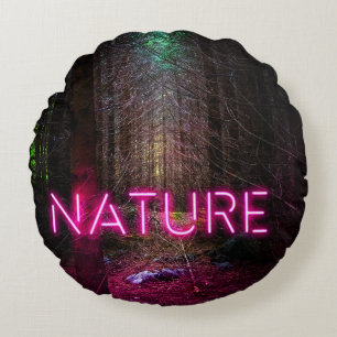 Mysterious spruce forest nature neon magenta sign round cushion