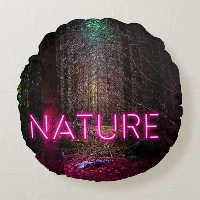 Mysterious spruce forest nature neon magenta sign round cushion (Front)