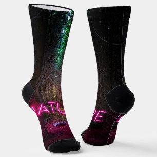 Mysterious spruce forest nature neon magenta sign socks