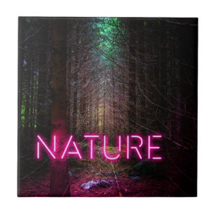 Mysterious spruce forest nature neon magenta sign tile