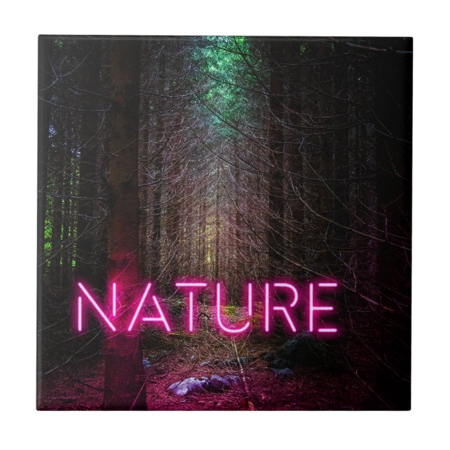 Mysterious spruce forest nature neon magenta sign tile (Front)