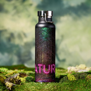 Mysterious spruce forest nature neon magenta sign water bottle