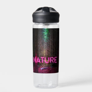 Mysterious spruce forest nature neon magenta sign water bottle