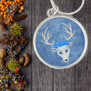 Mysterious White Deer Head Antlers Blue Roses  Key Ring