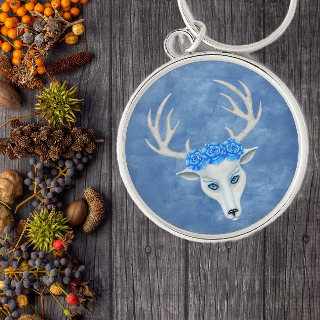 Mysterious White Deer Head Antlers Blue Roses  Key Ring (White mystic deer head antlers with big blue roses on shades of blue keychain.)