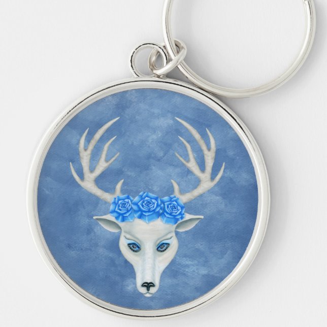 Mysterious White Deer Head Antlers Blue Roses  Key Ring (Front)