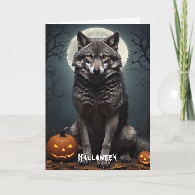 Mysterious Wolf with Pumpkin Halloween Art Invitation (Front)