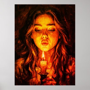 Mysterious Woman Blowing Candle Oil Painting Poster