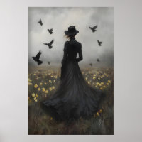 Mysterious Woman Dark Gothic Crow Art Moody