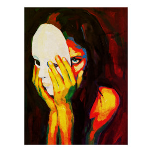 Mysterious Woman Holding Mask Dramatic Oil Art Poster
