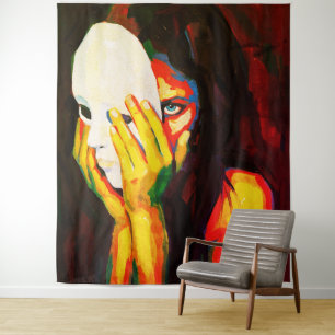 Mysterious Woman Holding Mask Dramatic Oil Art Tapestry
