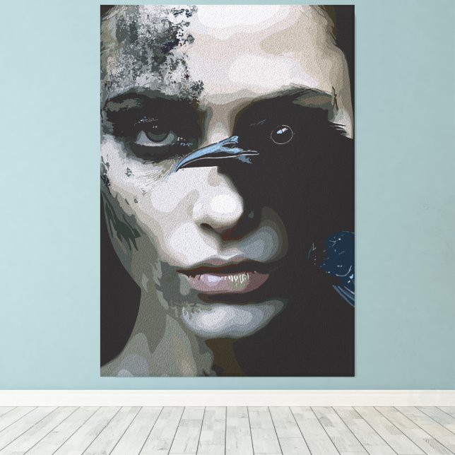 Mysterious Woman with Raven Canvas Print (Insitu(Wood Floor))
