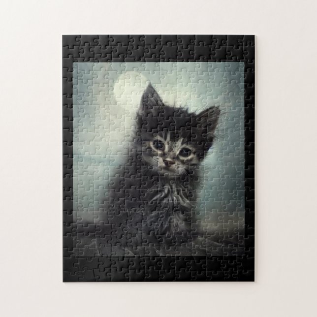 Mystery kitten in the moonlight jigsaw puzzle (Vertical)