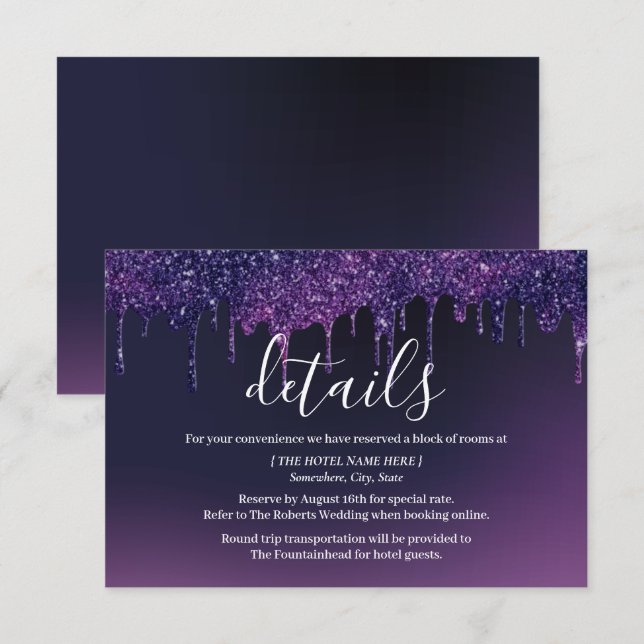 Mystery Purple Drips Modern Wedding Details Invitation (Front/Back)