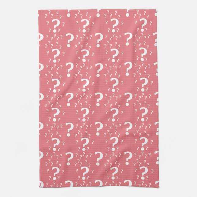 Mystery question mark riddle puzzle coral tea towel (Vertical)