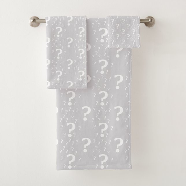Mystery question mark riddle puzzle light grey bath towel set (Insitu)