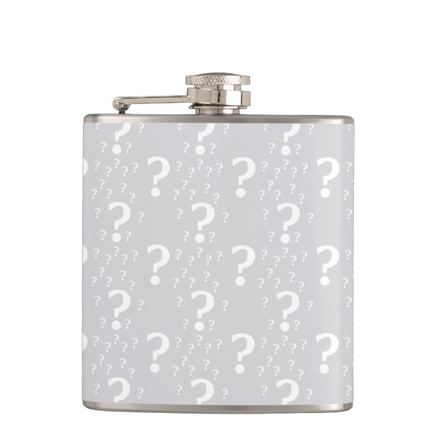 Mystery question mark riddle puzzle light grey hip flask (Front)