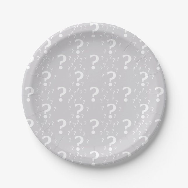 Mystery question mark riddle puzzle light grey paper plate (Front)