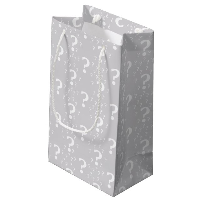 Mystery question mark riddle puzzle light grey small gift bag (Back Angled)