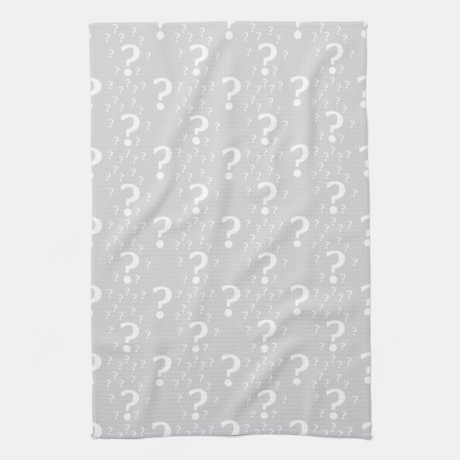 Mystery question mark riddle puzzle light grey tea towel (Vertical)