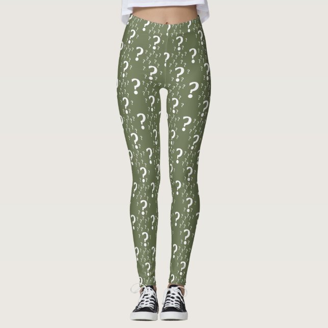 Mystery question mark riddle puzzle olive green leggings (Front)