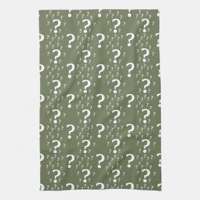 Mystery question mark riddle puzzle olive green tea towel (Vertical)