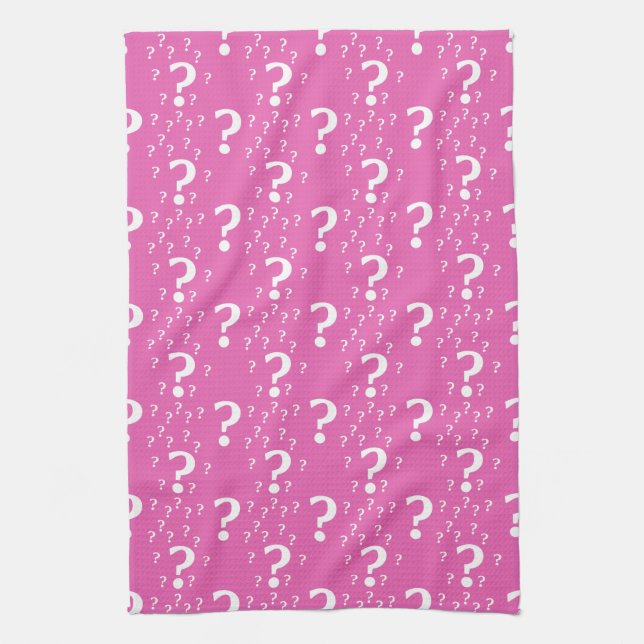 Mystery question mark riddle puzzle pink tea towel (Vertical)