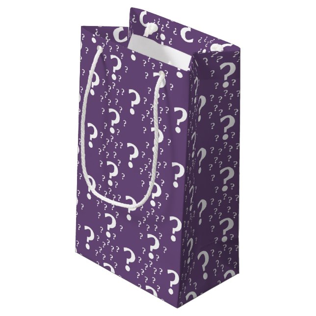 Mystery question mark riddle puzzle purple small gift bag (Back Angled)