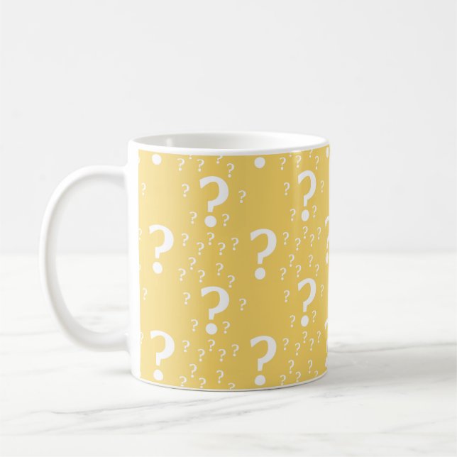 Mystery question mark riddle puzzle yellow coffee mug (Left)