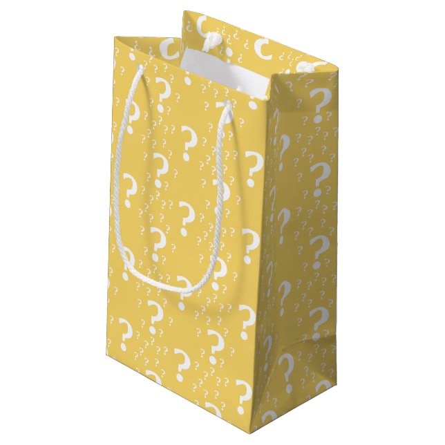 Mystery question mark riddle puzzle yellow small gift bag (Back Angled)