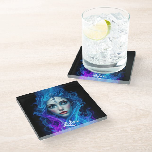 Mystery Woman Emerging from Blue & Purple Flames Glass Coaster (Angled)