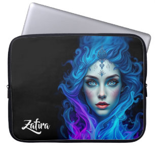 Mystery Woman Emerging from Blue & Purple Flames Laptop Sleeve