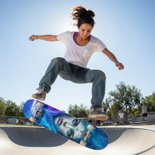Mystery Woman Emerging from Blue & Purple Flames Skateboard
