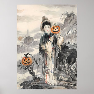 Mystic Asian Halloween – Watercolor Art Poster