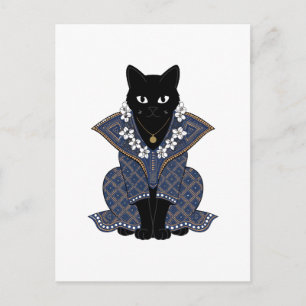 Mystic Black Cat Blue Batik Greeting Card