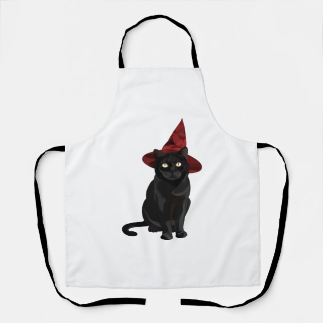 Mystic Black Cat with Dark Red Hat Classic T-Shirt Apron (Front)