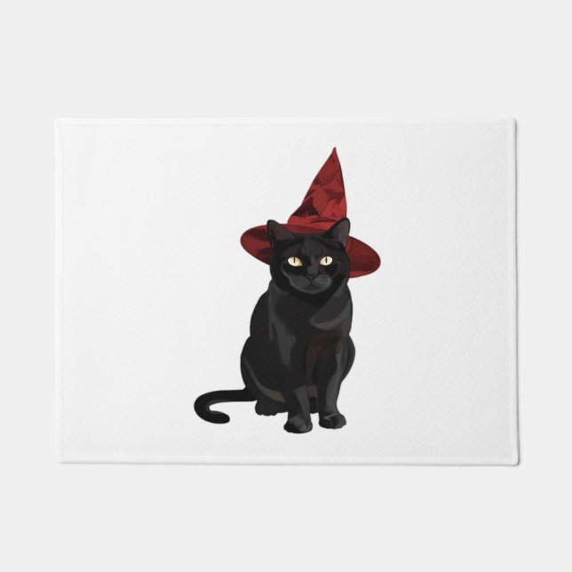 Mystic Black Cat with Dark Red Hat Classic T-Shirt Doormat (Front)