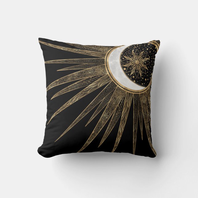 Mystic Black Gold Sun Moon Mandala Cushion (Front)