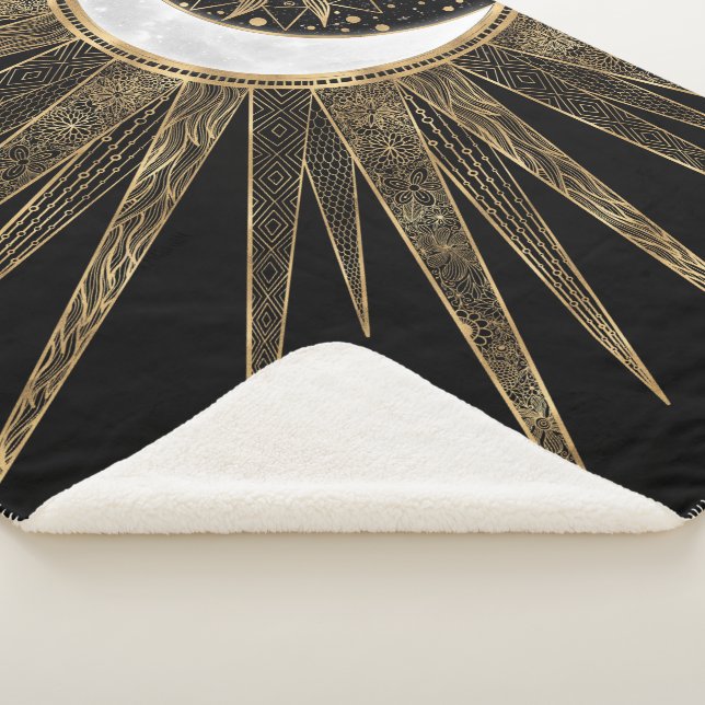 Mystic Black Gold Sun Moon Mandala Sherpa Blanket (3/4)
