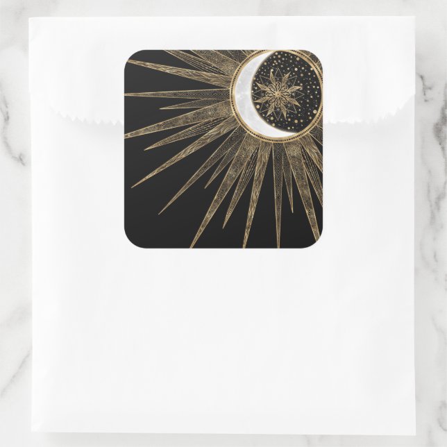 Mystic Black Gold Sun Moon Mandala Square Sticker (Bag)