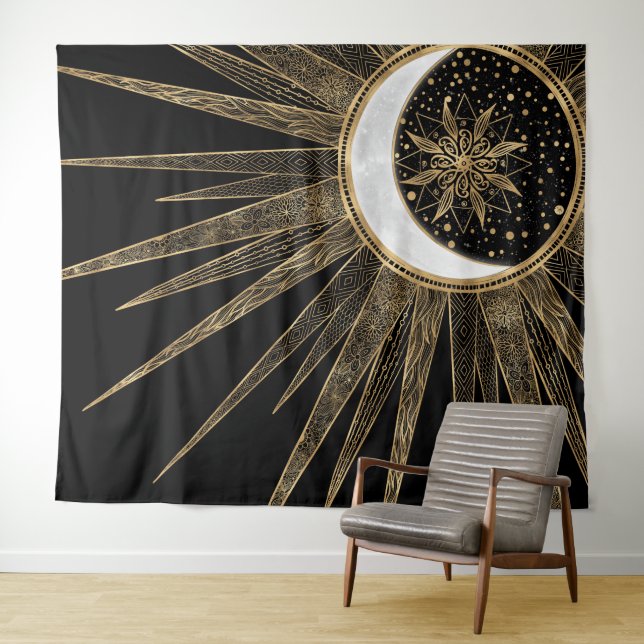 Mystic Black Gold Sun Moon Mandala Tapestry (In Situ (Horizontal))