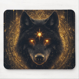 Mystic Black Wolf Golden Sigil Mouse Mat