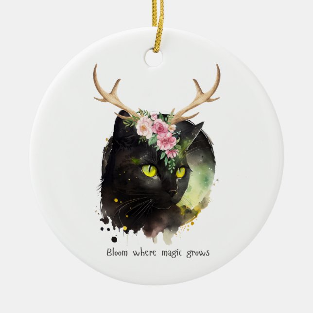 Mystic Bloom Cat Ceramic Tree Decoration (Front)