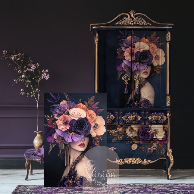 Mystic Blooms, Moody Portrait & Floral Tissue Paper (Adorned Woman, Moody Portrait and Dark Floral, Decoupage Tissue Paper.)