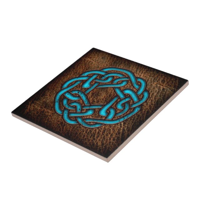 Mystic blue celtic knot on leather tile (Side)